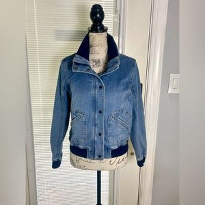 Marc New York High Collar Ribbed Blue Denim Snap Front Moto Short Jacket Sz S